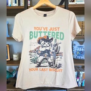 NWT - Cream Graphic T-Shirt with Cat Cowboy Design, Size Medium